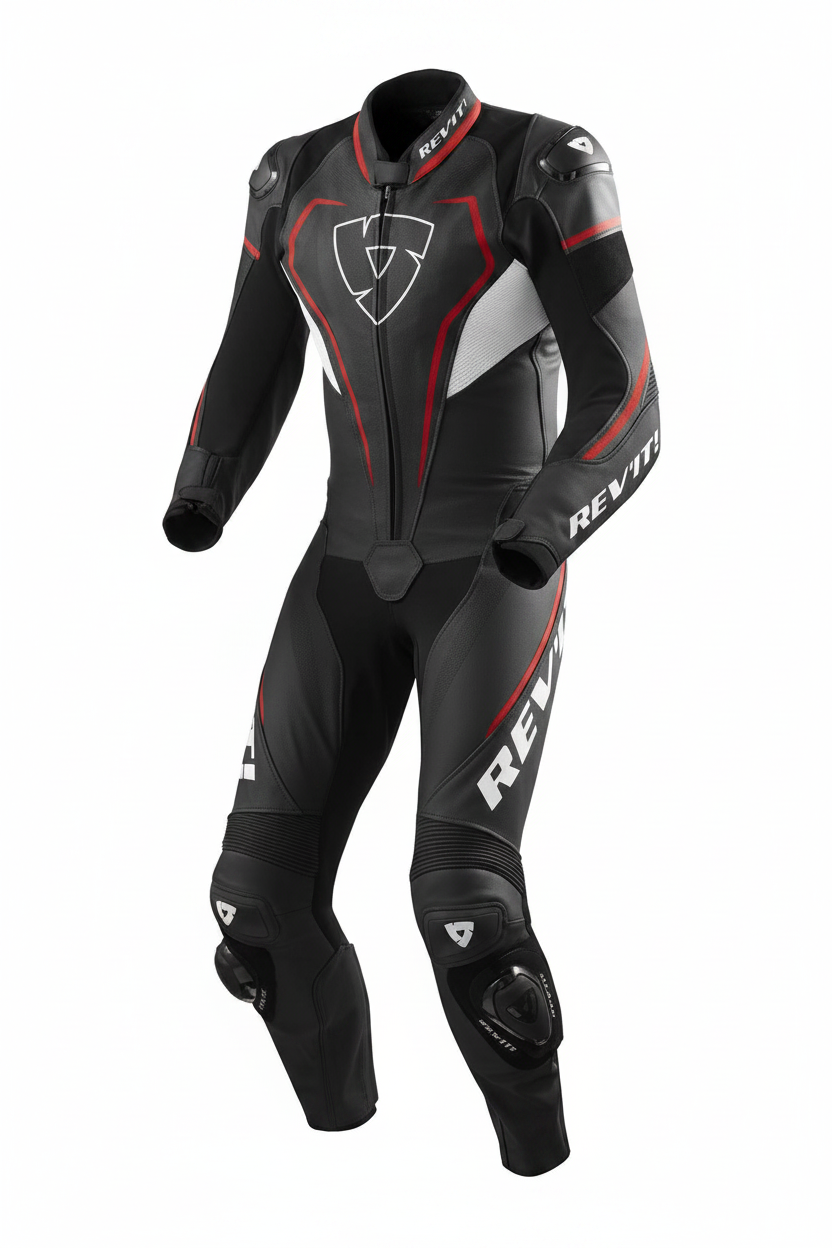 REV'IT! Vertex Pro Men's One-Piece Motorcycle Racing Leather Suit Black White Red