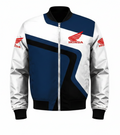 Honda Wing Bomber Motorcycle Jacket Front View Navy Blue White Red