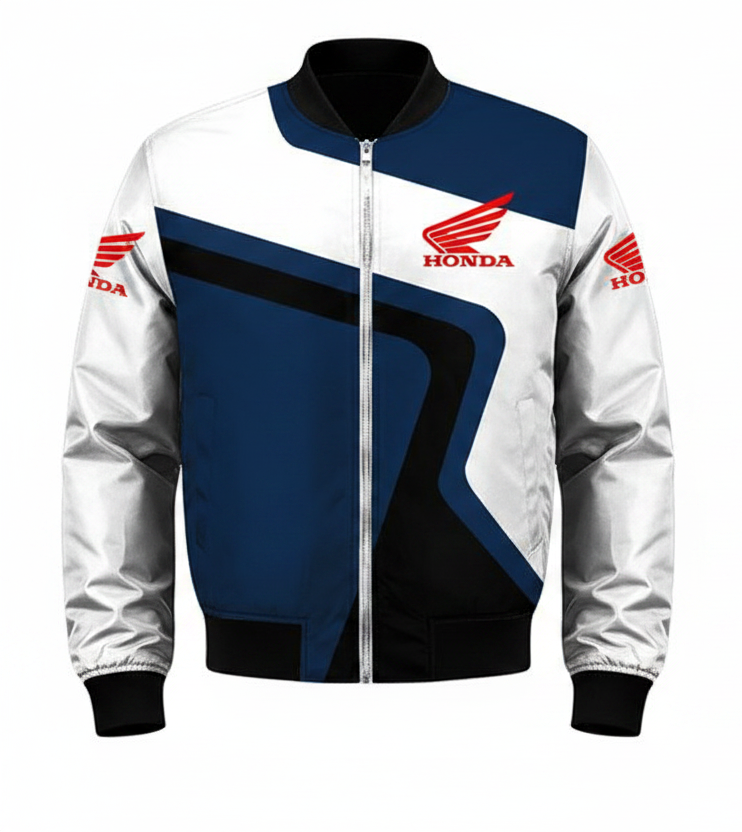 Honda Wing Bomber Motorcycle Jacket Front View Navy Blue White Red
