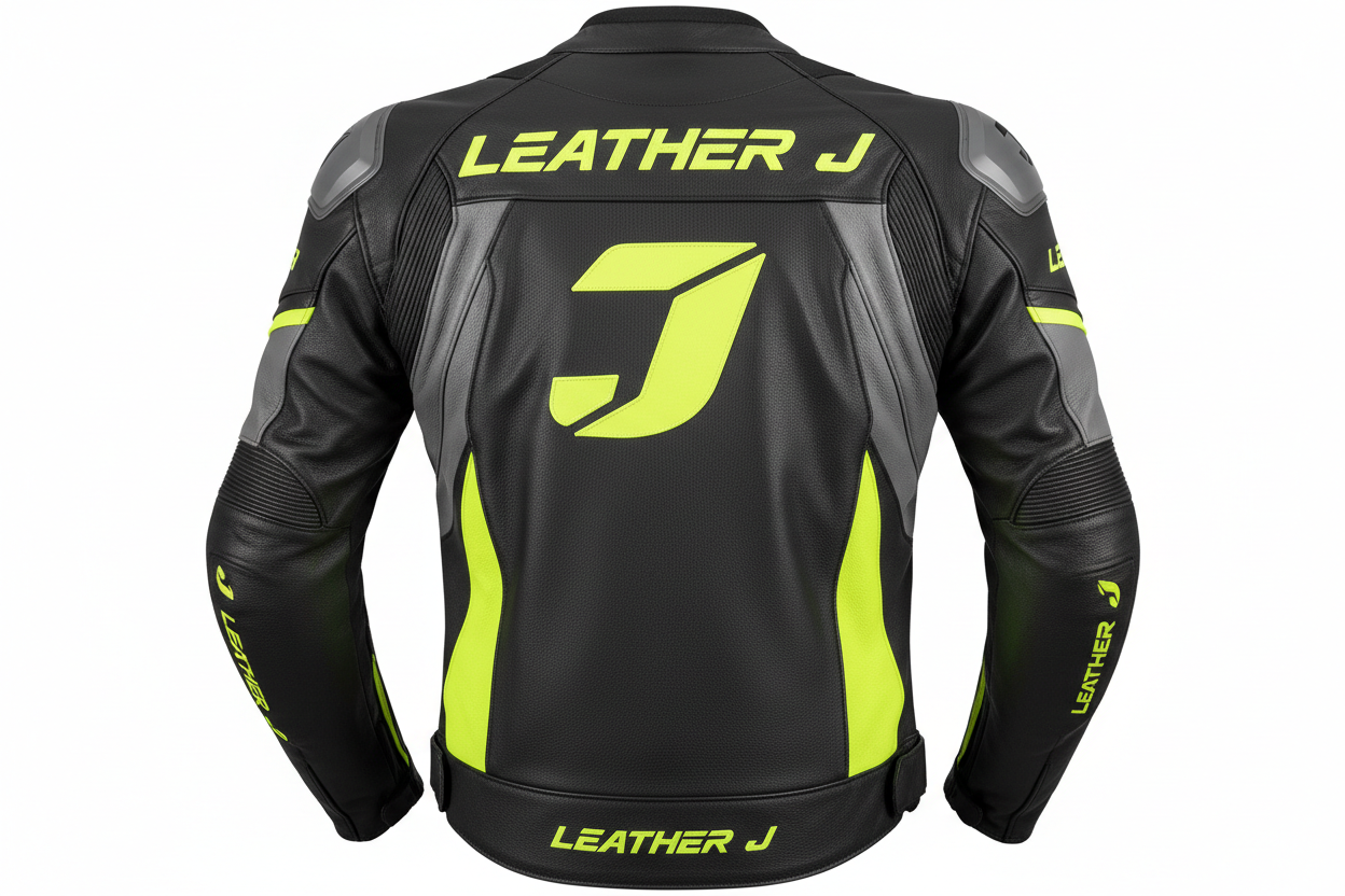Leather J Hi-Viz Motorcycle Racing Jacket Back View Black Neon Yellow