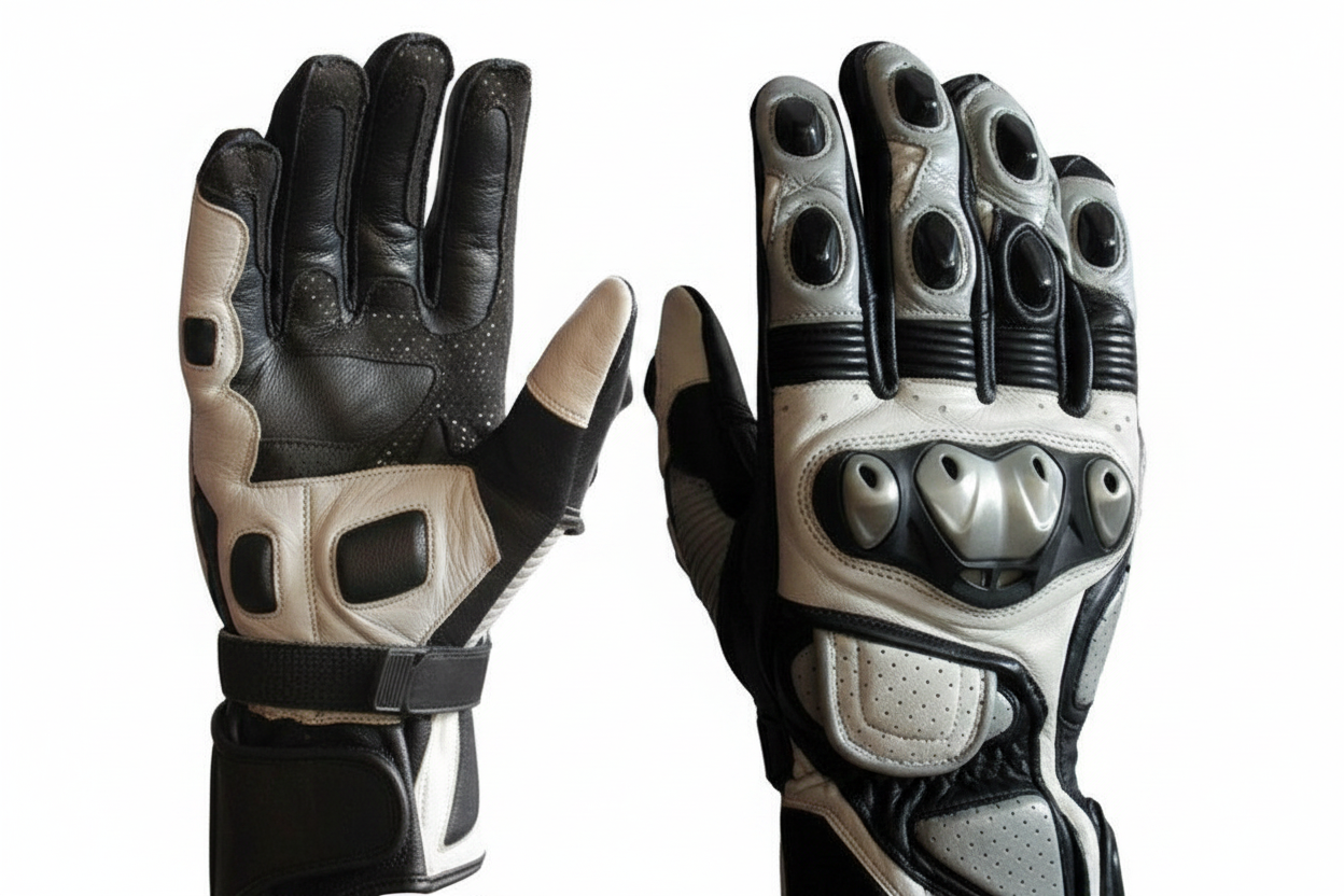 Eagle Moto Motorcycle Racing Gloves Black Silver Multi-Dome Knuckle Perforated Leather Pair