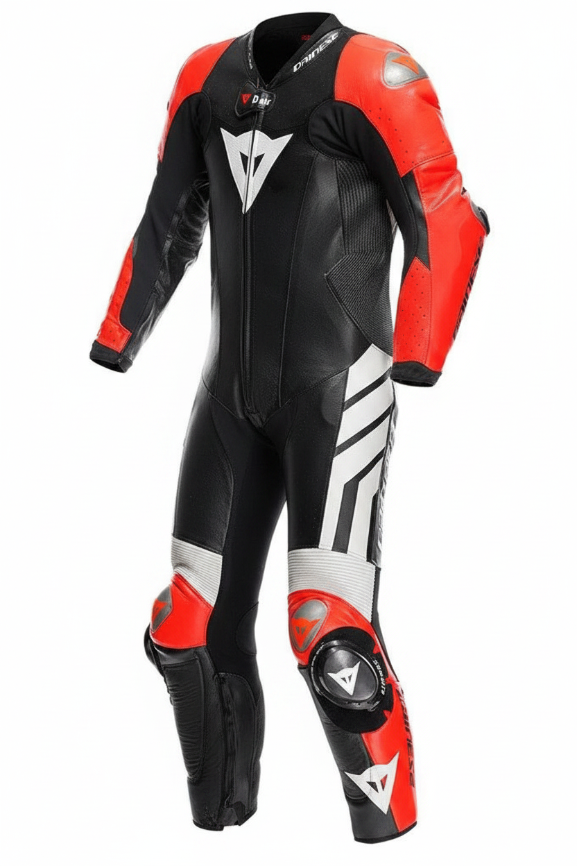 Dainese Mugello 3 Pf D-Air Men's One-Piece Motorcycle Racing Leather Suit Black Red White - Front and Back View