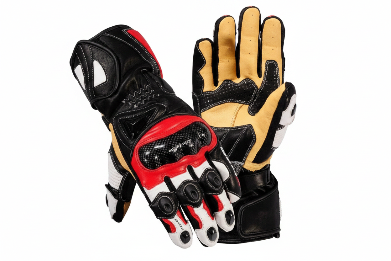 Eagle Moto Motorcycle Racing Gloves Black White Red Natural Tan Leather Carbon Fiber Knuckle Pair
