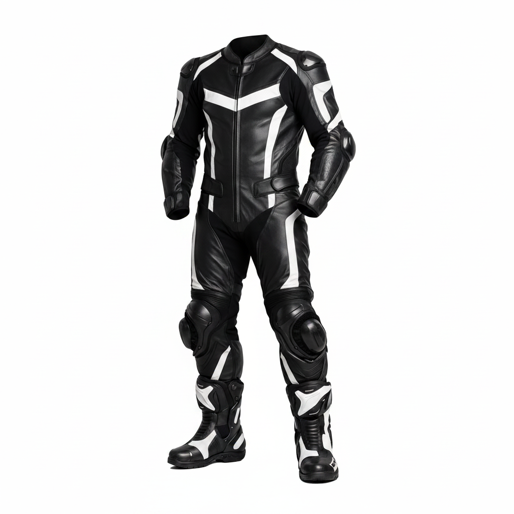 Eagle Moto Stealth Pro Men's Leather Motorcycle Racing Suit - Black White V-Chevron