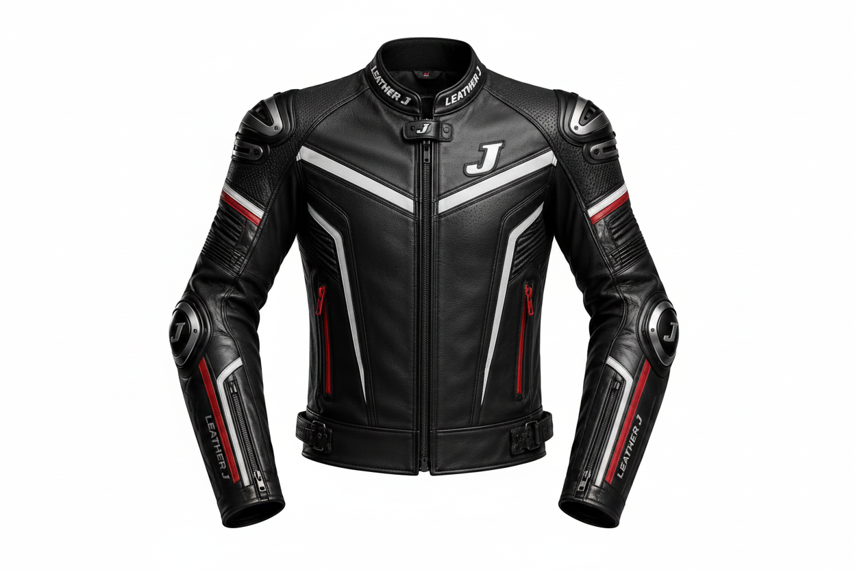 Leather J Sport Motorcycle Racing Jacket Black White Red Front View