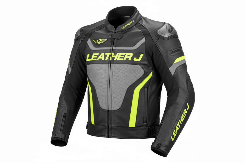 Leather J Hi-Viz Motorcycle Racing Jacket Front View Black Neon Yellow