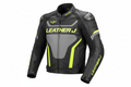 Leather J Hi-Viz Motorcycle Racing Jacket Front View Black Neon Yellow