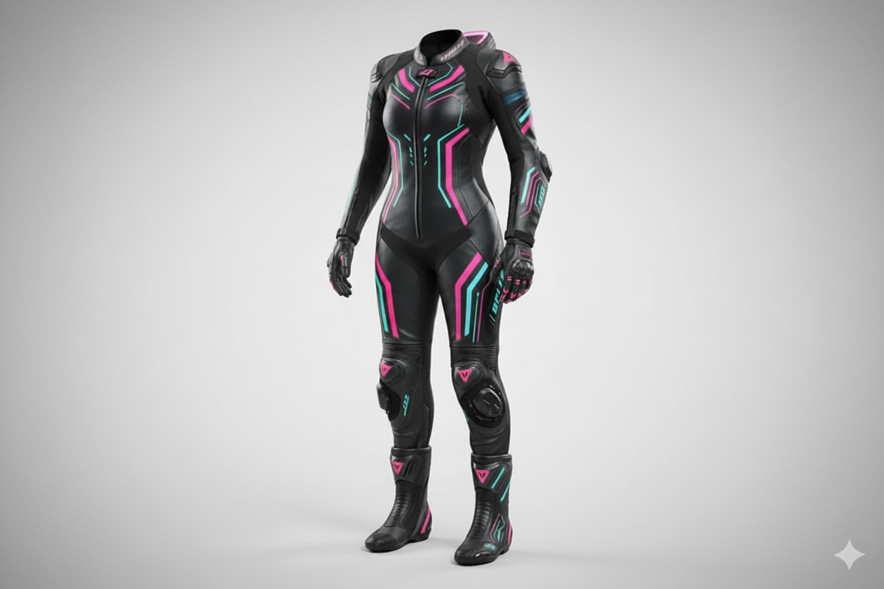 Dainese Women's Black Pink Teal Neon Leather Motorcycle Racing Suit Front View