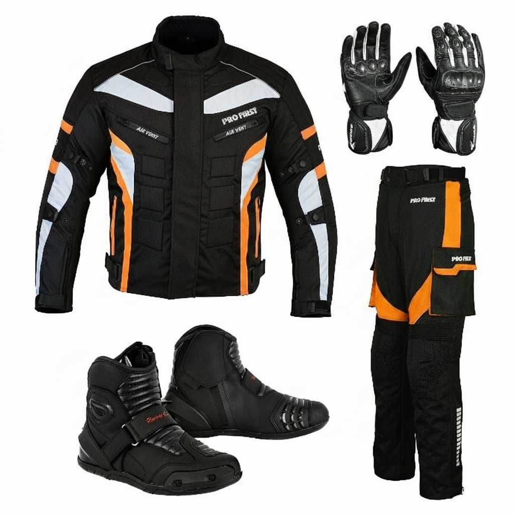 Eagle Moto Pro First Rider Bundle – Black Orange Motorcycle Jacket Pants Gloves Boots Set