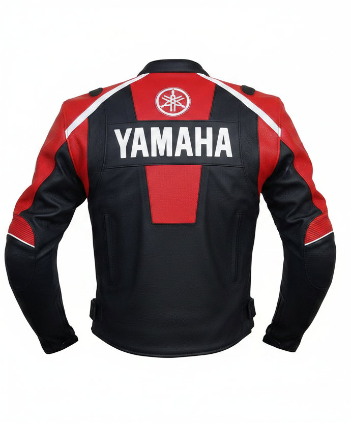 Yamaha Racing Leather Motorcycle Jacket Back View Black Red White