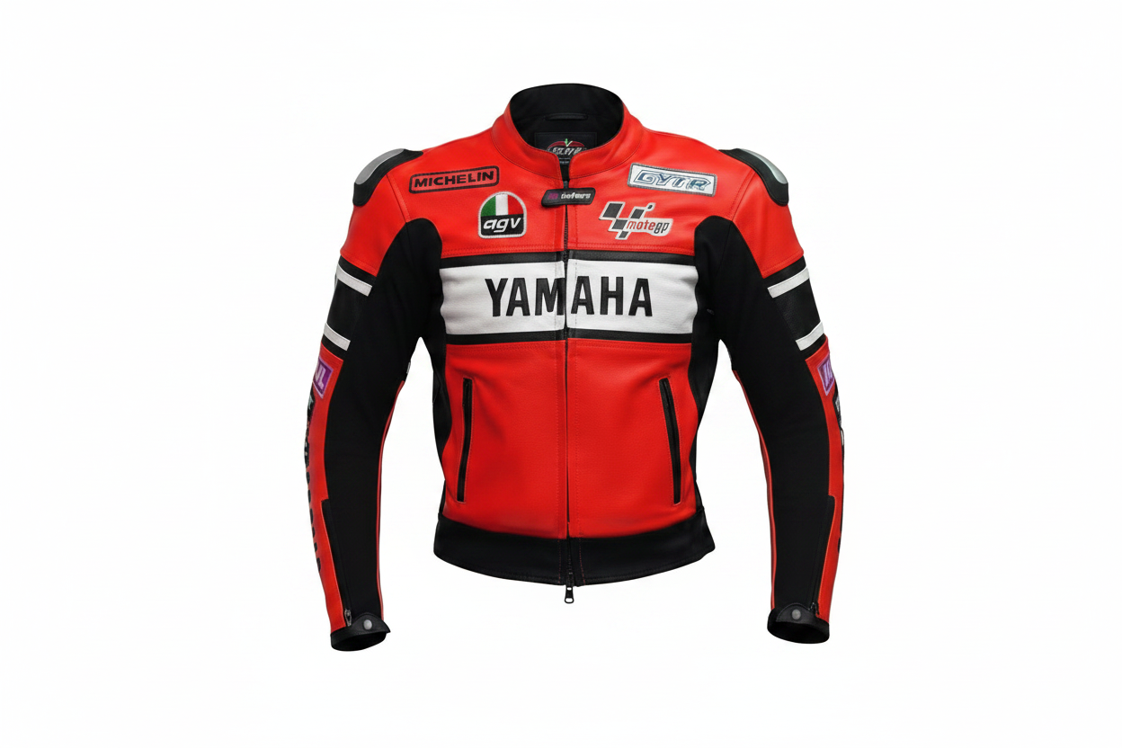 Yamaha MotoGP Sponsor Leather Motorcycle Jacket Red Black White Single Front View