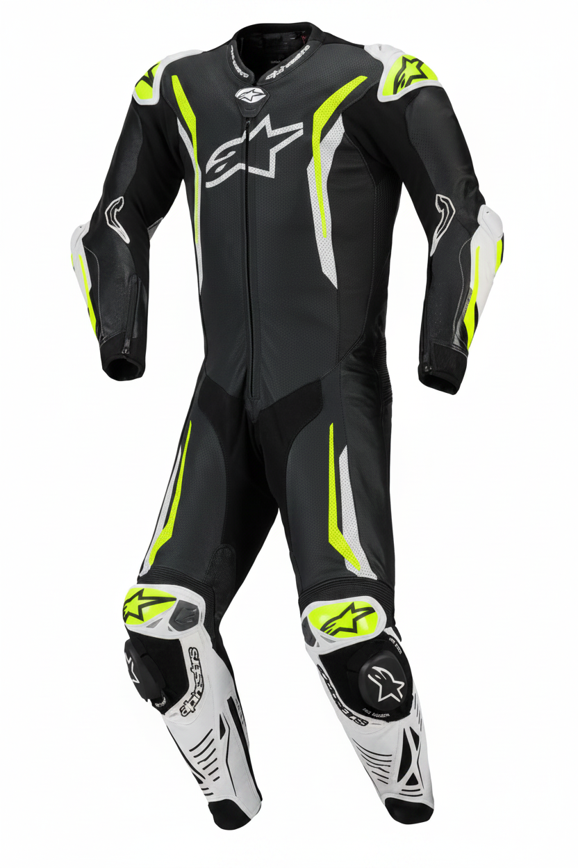 Alpinestars GP Tech V5 Men's One-Piece Motorcycle Racing Leather Suit Black White Neon Yellow
