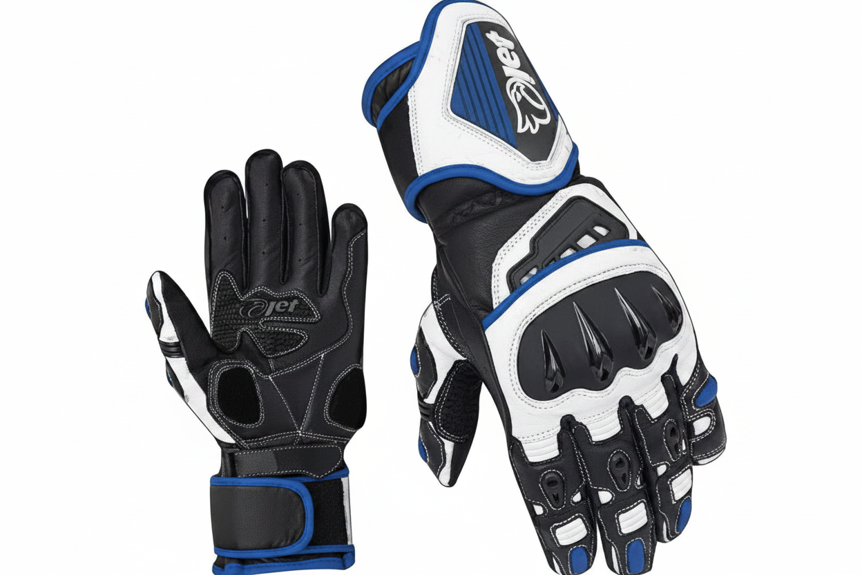 Jet Motorcycle Racing Gloves Blue Black White Claw Knuckle Armor Premium Leather Pair