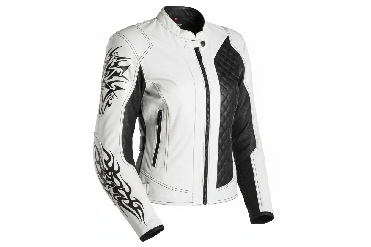 Women's Tribal Tattoo Leather Motorcycle Jacket White Black Front View