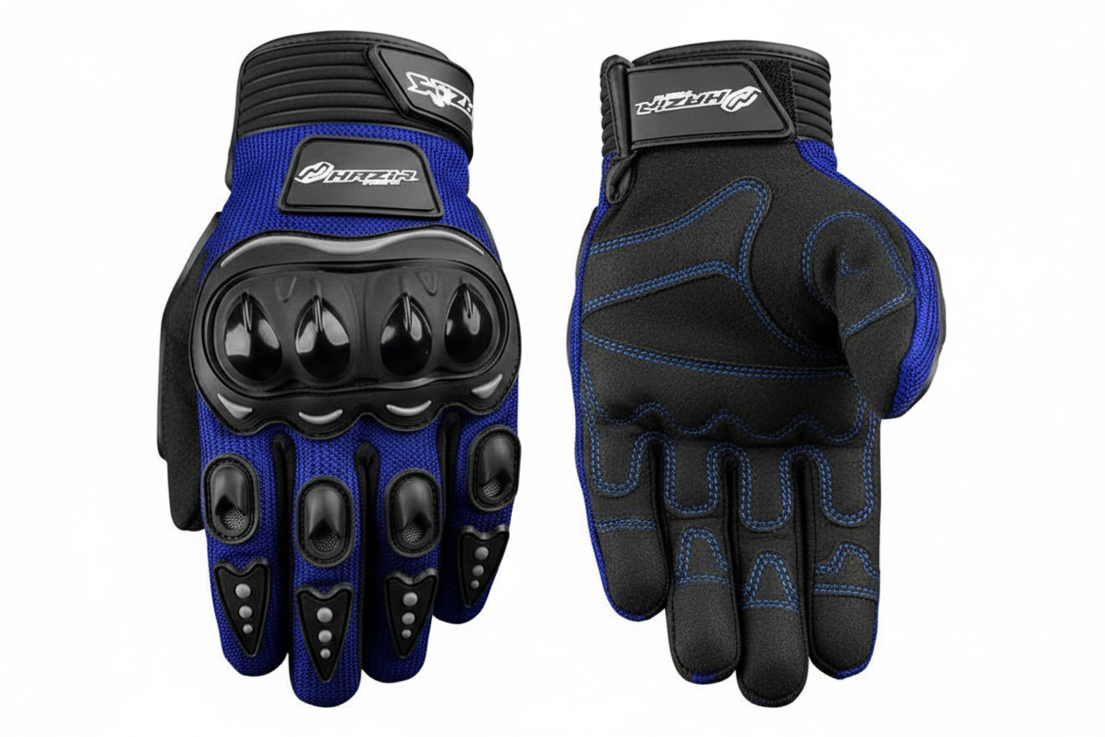 Haziri Motorcycle Gloves Blue Black Hard Knuckle Front and Back View