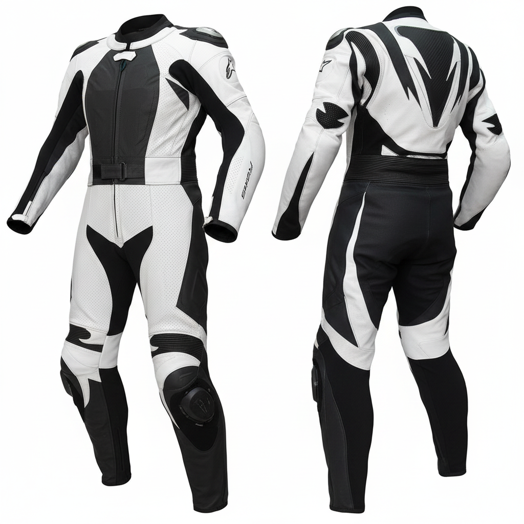 Eagle Moto Phantom Pro Men's Leather Motorcycle Racing Suit - White Black Front and Back View
