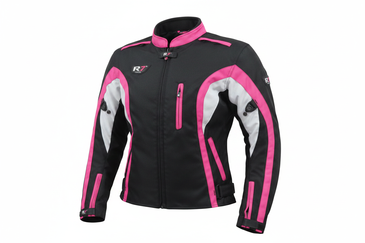 R7 Women's Motorcycle Textile Riding Jacket Black Pink White Front View