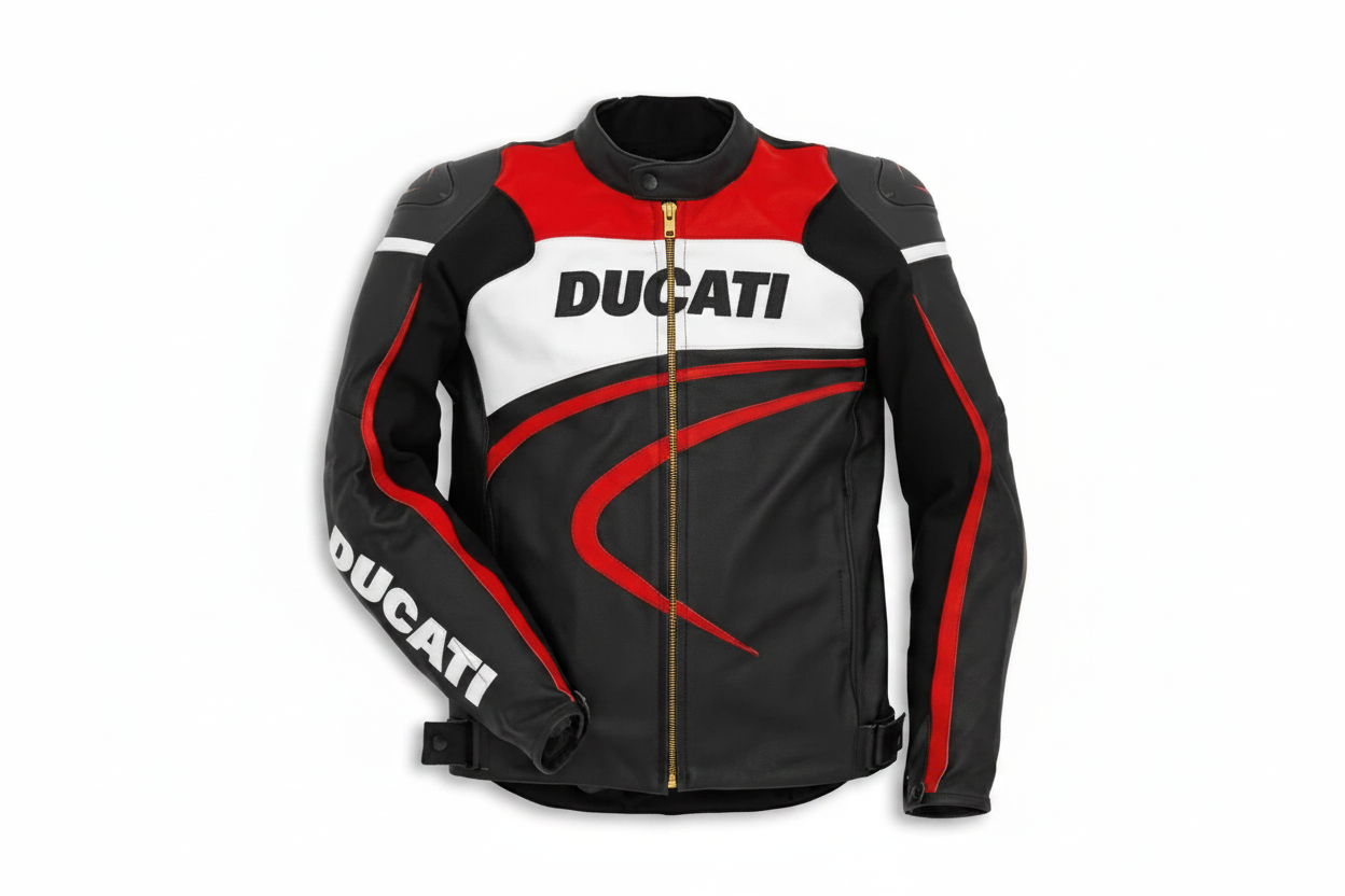 Ducati Sport Leather Motorcycle Jacket Black White Red