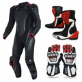 Eagle Moto Carbon Pro One-Piece Leather Racing Suit Gloves and Boots Bundle Black Red