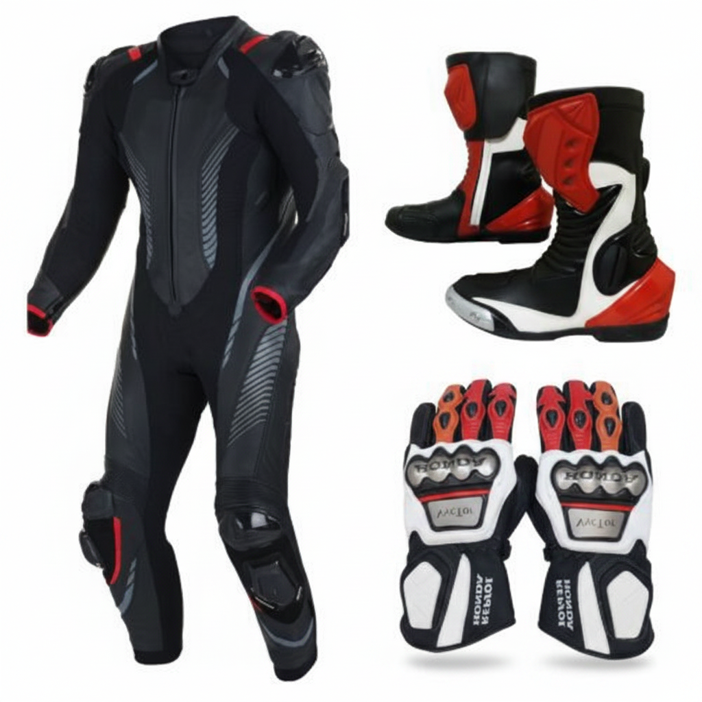 Eagle Moto Carbon Pro One-Piece Leather Racing Suit Gloves and Boots Bundle Black Red
