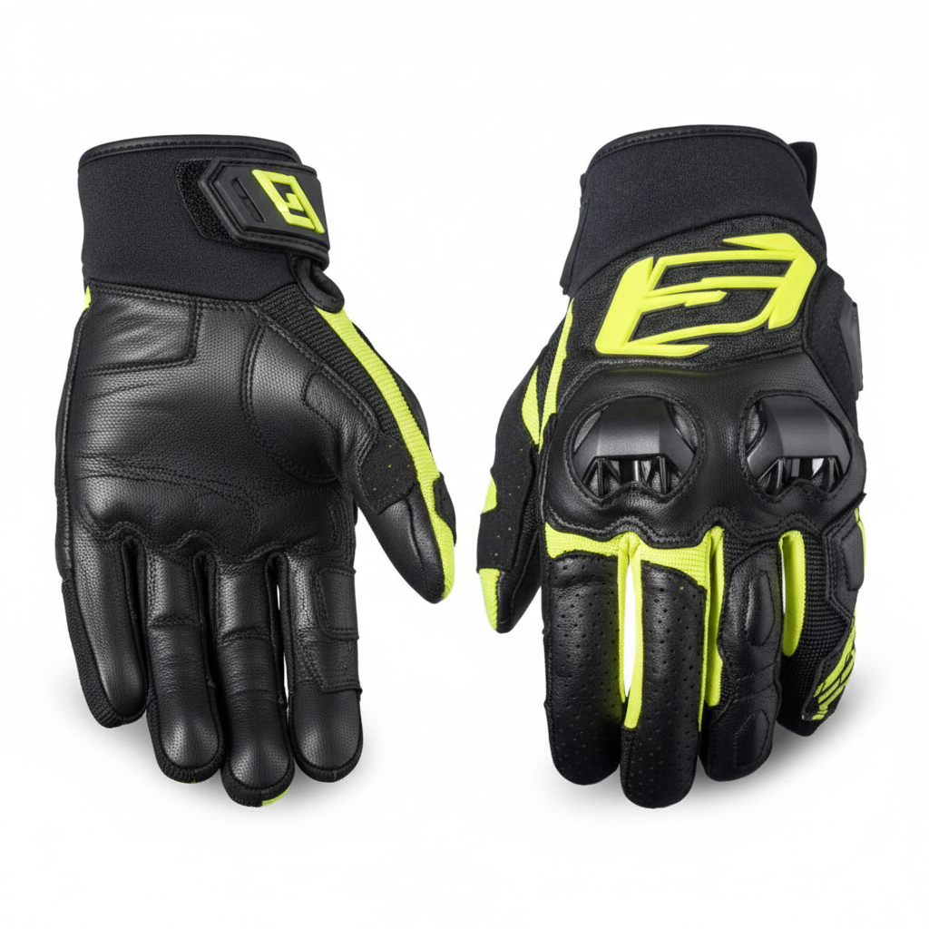 Five SF3 Motorcycle Gloves - Black Neon Yellow Pair Front Back View