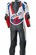 Held Titan Evo Men's One-Piece Leather Motorcycle Racing Suit Back View White Black Red Blue with HRD Branding