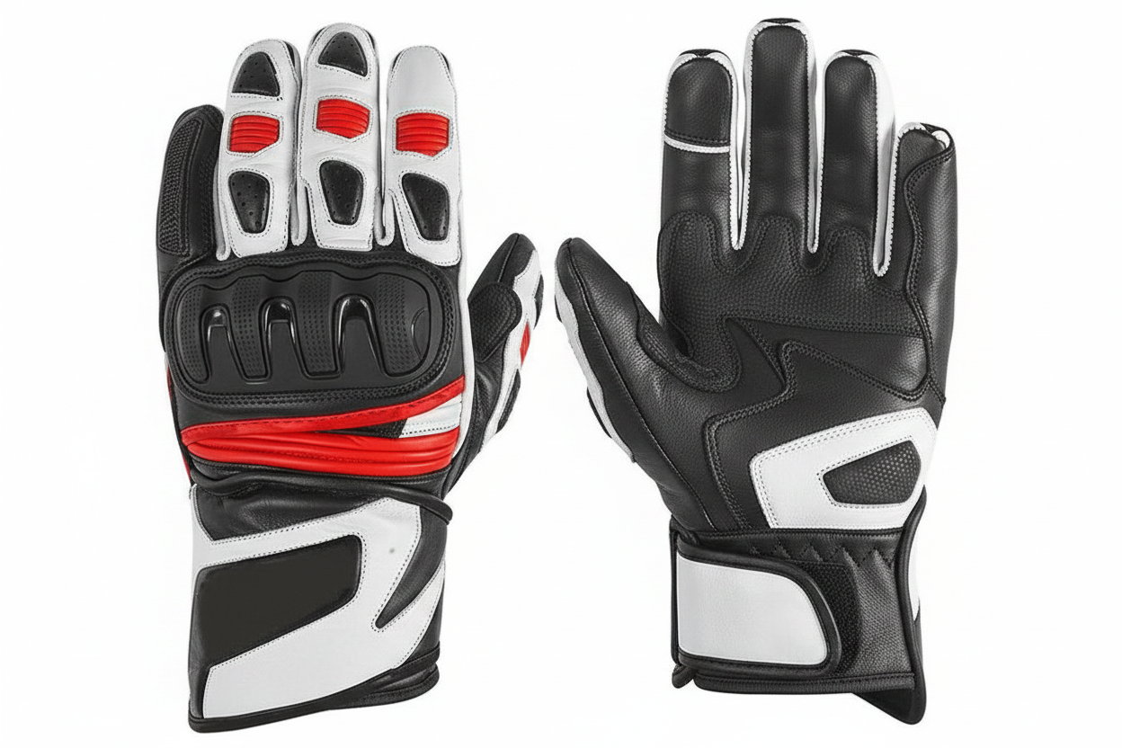 Eagle Moto Motorcycle Racing Gloves Black White Red Sculpted Multi-Piece Knuckle Individual Red Finger Caps