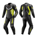 Eagle Moto Neon Strike Pro Men's Leather Motorcycle Racing Suit - Black Neon Yellow Grey Front Back View