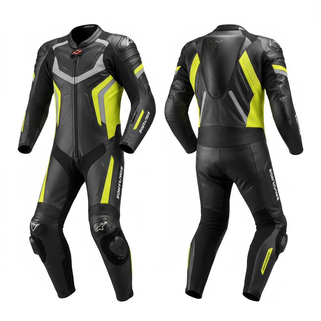 Eagle Moto Neon Strike Pro Men's Leather Motorcycle Racing Suit - Black Neon Yellow Grey Front Back View