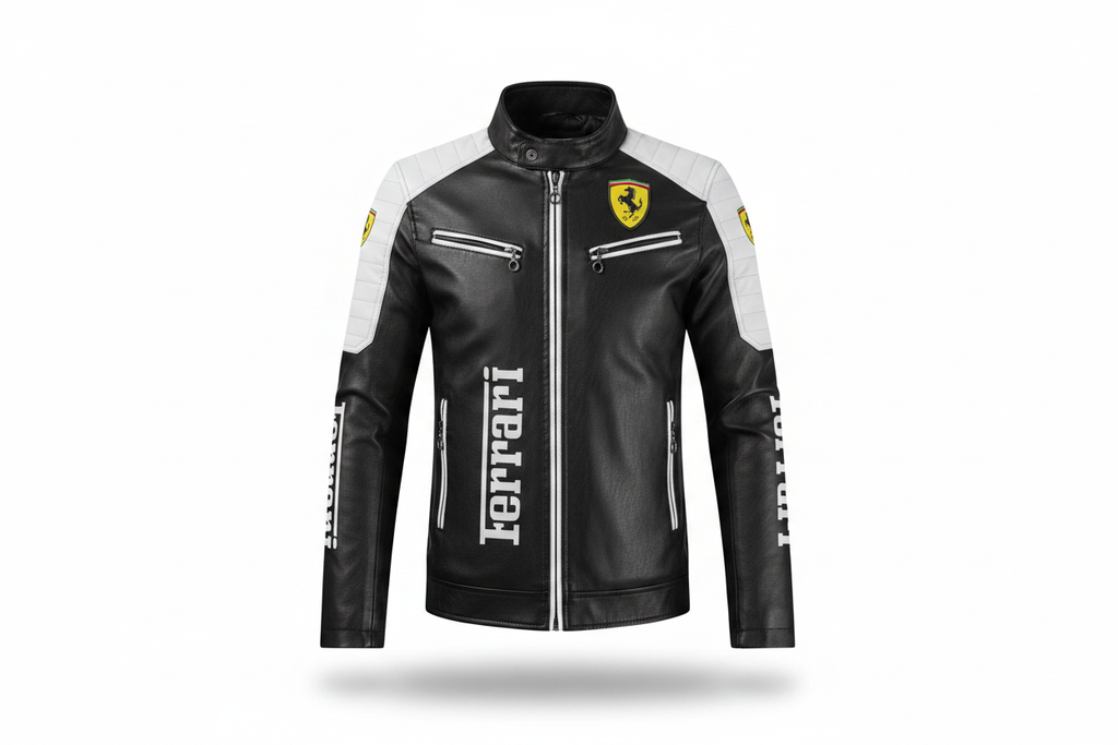 Ferrari Scuderia Leather Motorcycle Jacket Front View Black White
