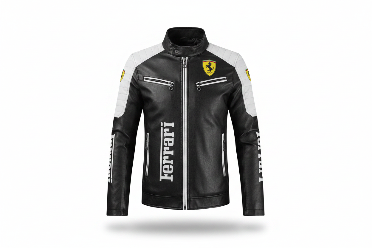 Ferrari Scuderia Leather Motorcycle Jacket Front View Black White