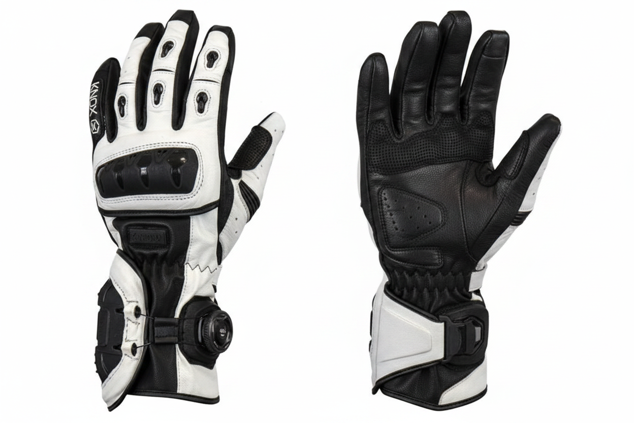 Knox Motorcycle Racing Gloves White Black BOA Closure Front and Back View