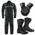 Eagle Moto All-Weather Touring Bundle – Motorcycle Suit Gloves Pair and Tall Boots Black Grey