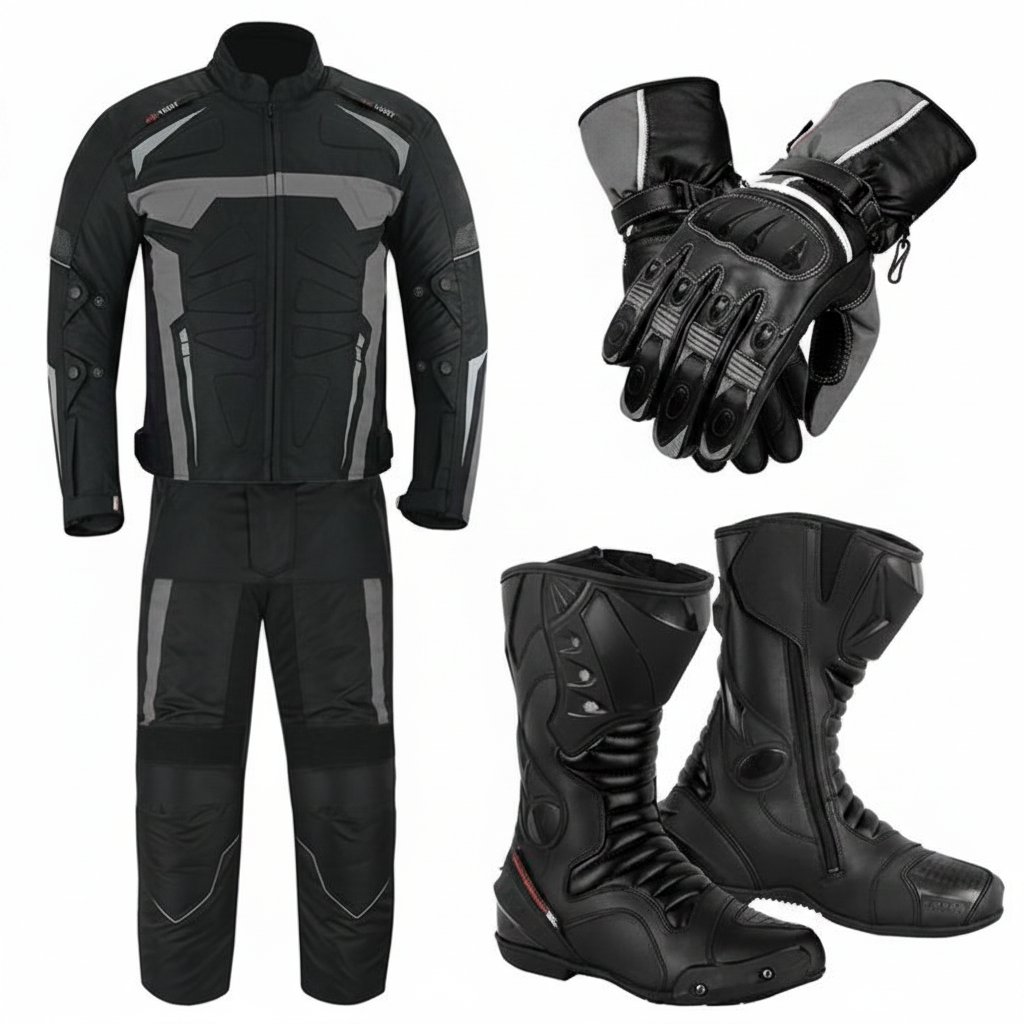 Eagle Moto All-Weather Touring Bundle – Motorcycle Suit Gloves Pair and Tall Boots Black Grey
