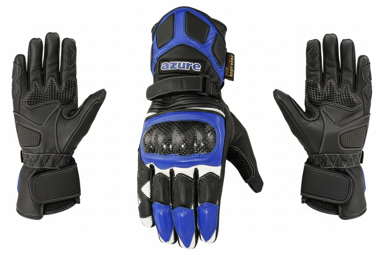 Azure Motorcycle Racing Gloves Blue Black White Carbon Fiber Knuckle Keprotec Palm