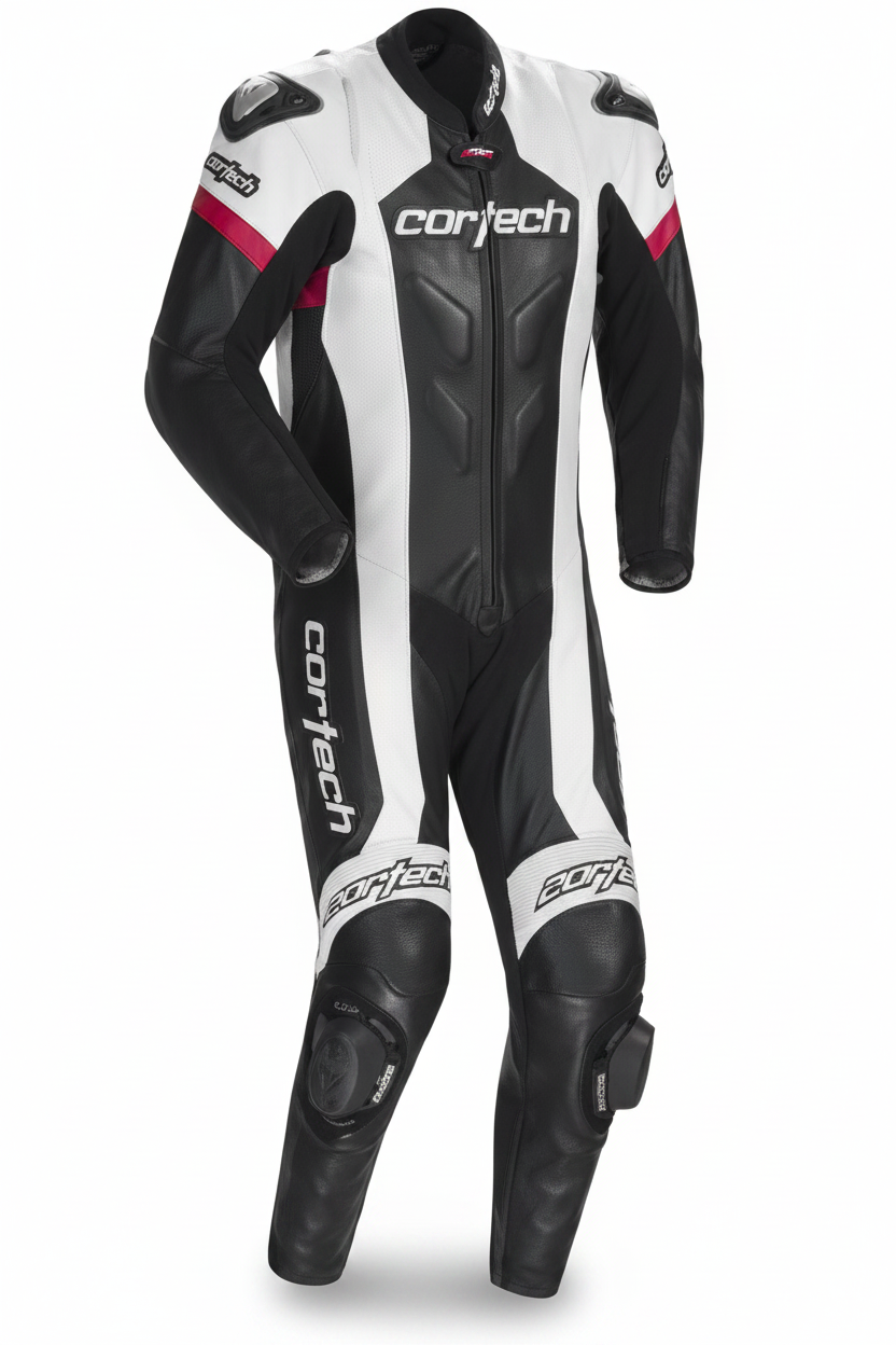 Cortech Adrenaline RR Men's One-Piece Motorcycle Racing Leather Suit Black White and Pink