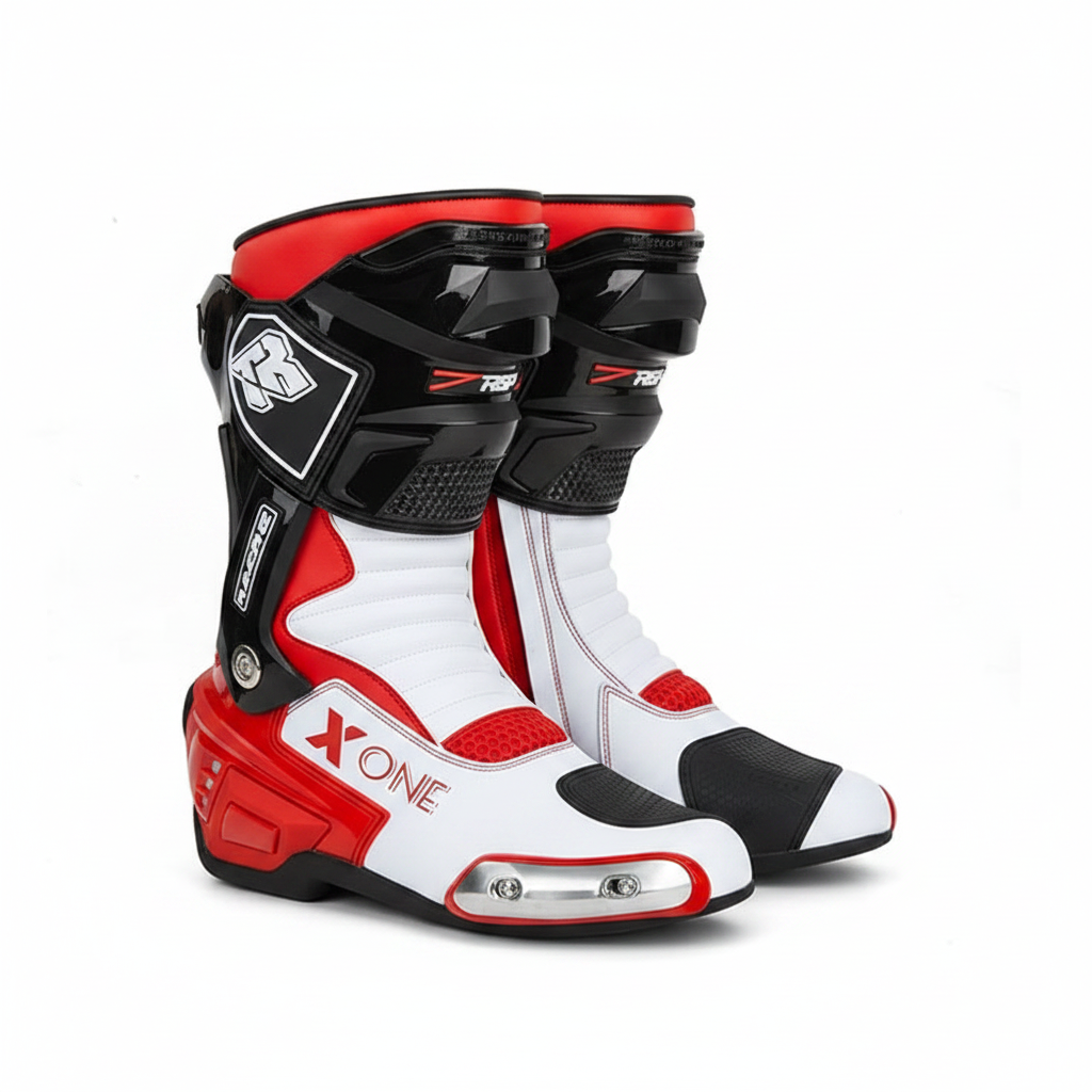 Herobiker X-ONE Men's Motorcycle Racing Boots - Black White Red