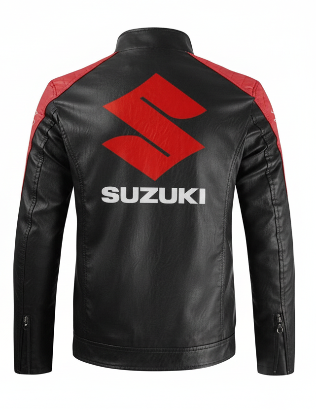 Suzuki S Leather Motorcycle Jacket Back View Black Red