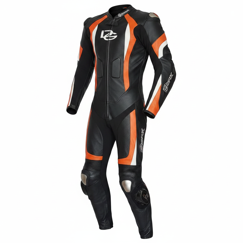 Berik Men's Leather Motorcycle Racing Suit - Black Orange White