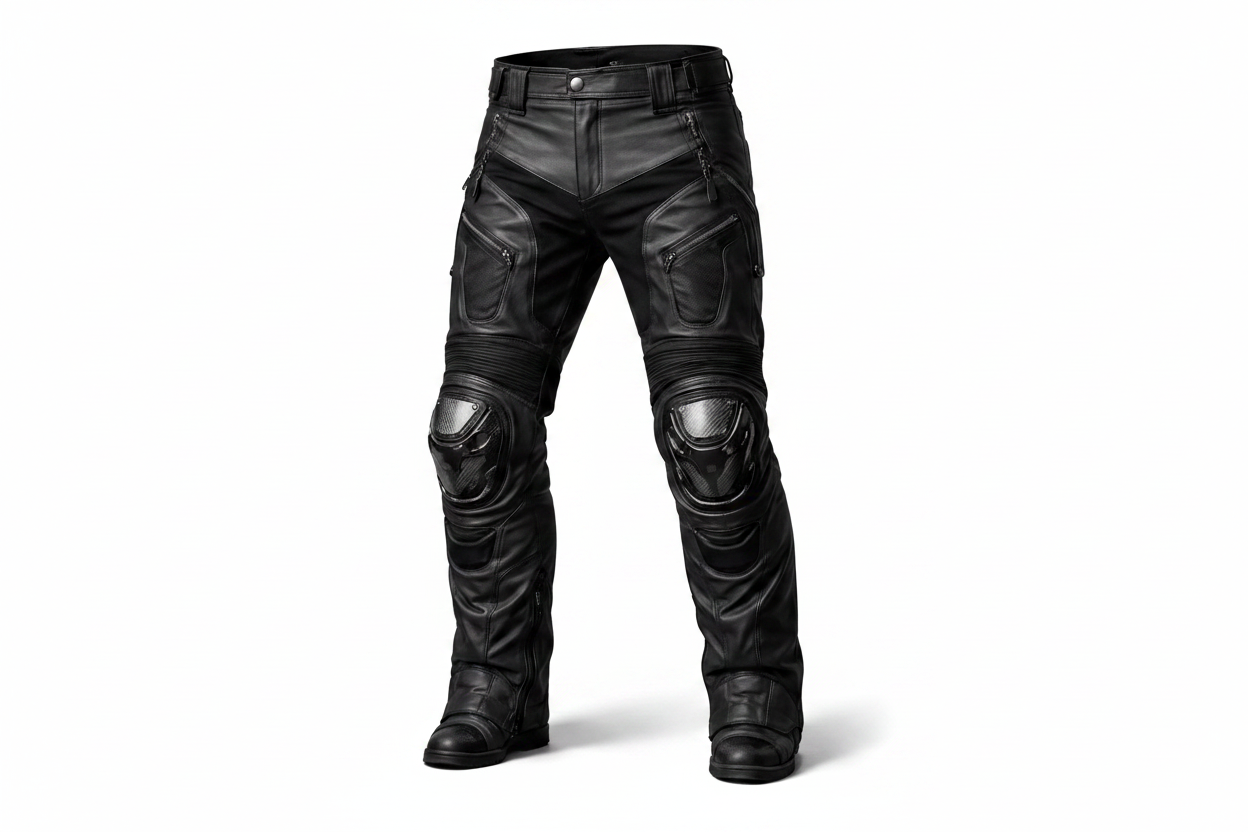 Heavy Duty Leather Motorcycle Pant All Black Carbon Fiber Knee Armor