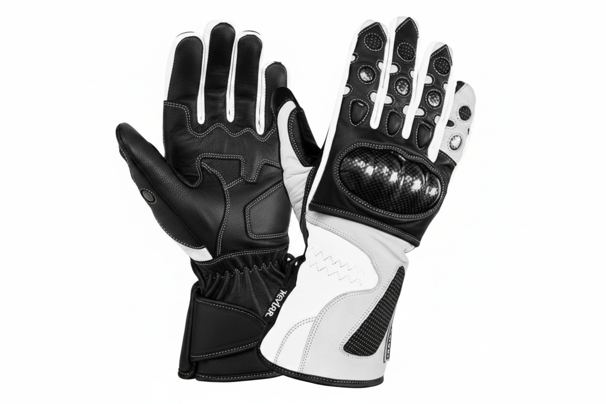 Nerve Motorcycle Racing Gloves Black White Carbon Fiber Knuckle Perforated Leather Pair