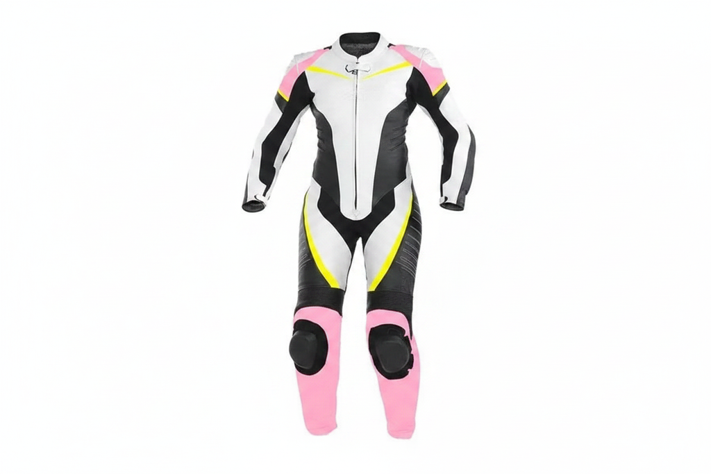Eagle Moto Women's White Black Pink Yellow Racing Suit Front View