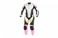 Eagle Moto Women's White Black Pink Yellow Racing Suit Front View
