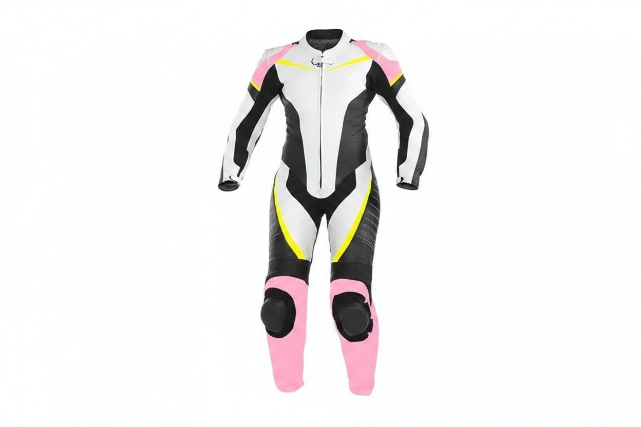 Eagle Moto Women's White Black Pink Yellow Racing Suit Front View