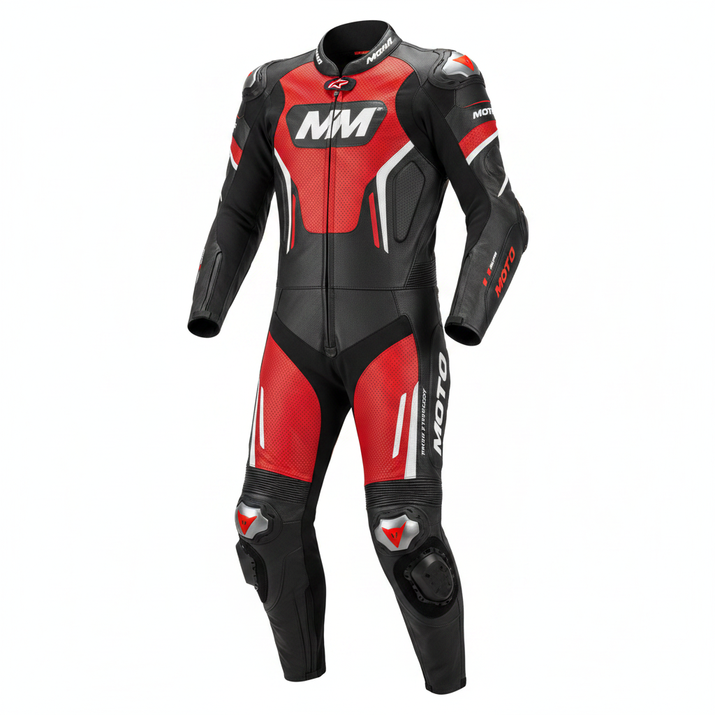 Motowear Men's Leather Motorcycle Racing Suit - Black Red Technoair