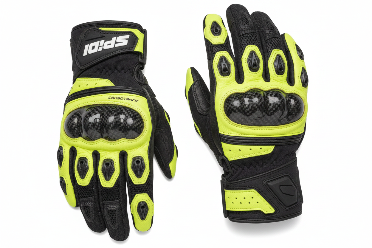 Spidi Carbo Track Motorcycle Racing Gloves Neon Yellow Black Carbon Fiber Mesh Ventilation