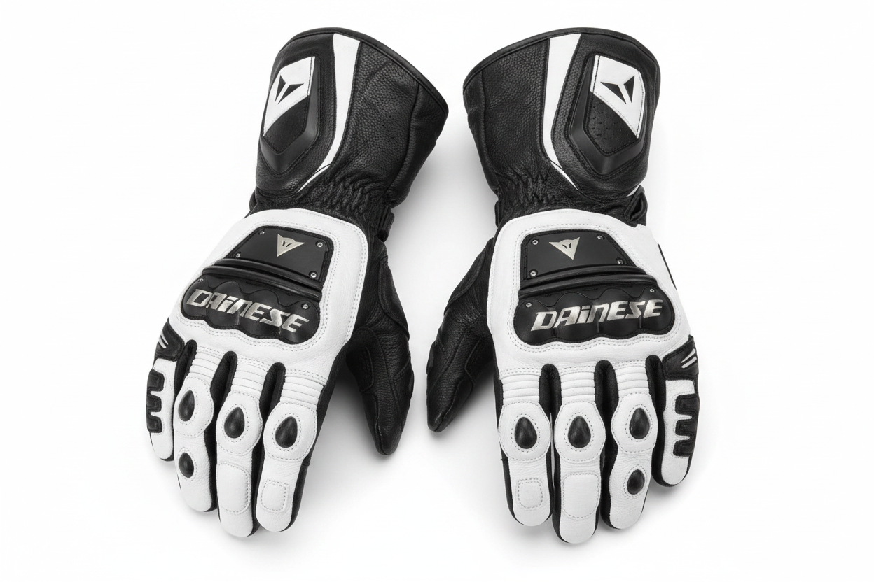 Dainese Motorcycle Racing Gloves Black White Full Finger Premium Leather Pair