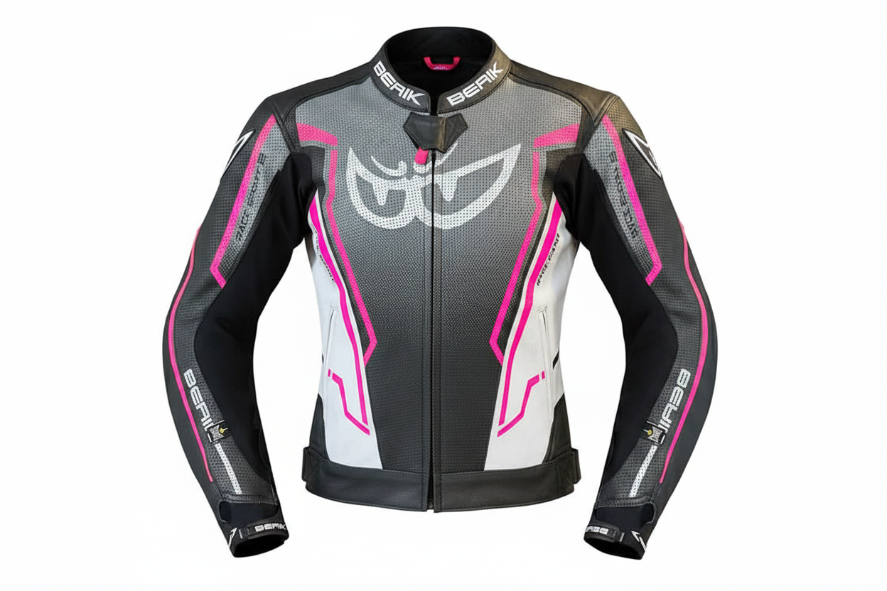 Berik Racingline Women's Leather Motorcycle Jacket Black Grey Pink Front View