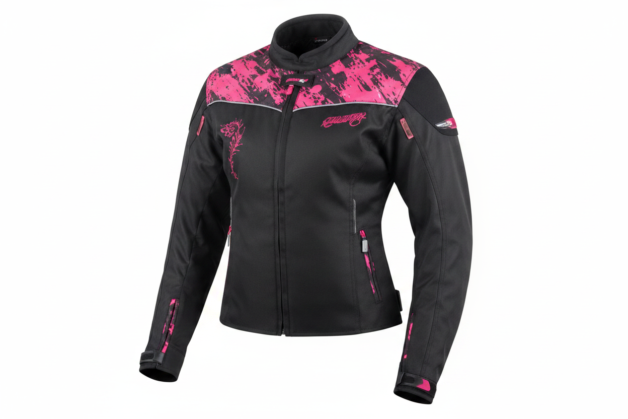 Women's Dragon Motorcycle Textile Riding Jacket Black Pink Front View