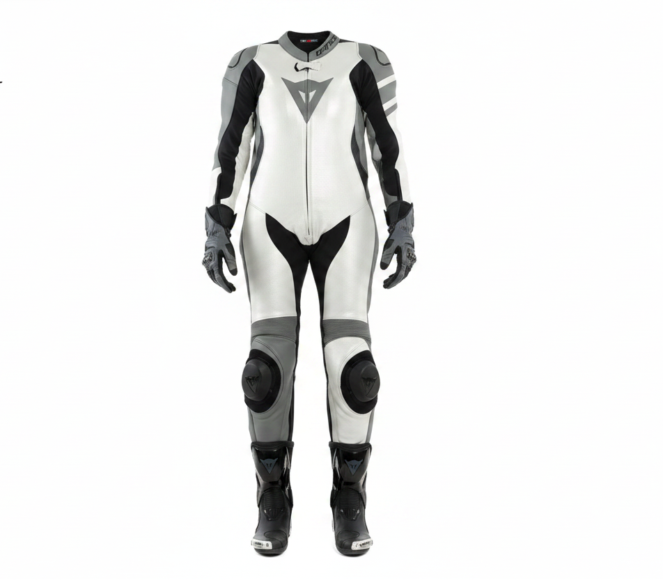 Dainese Women's White Black Grey Leather Motorcycle Racing Suit Front View